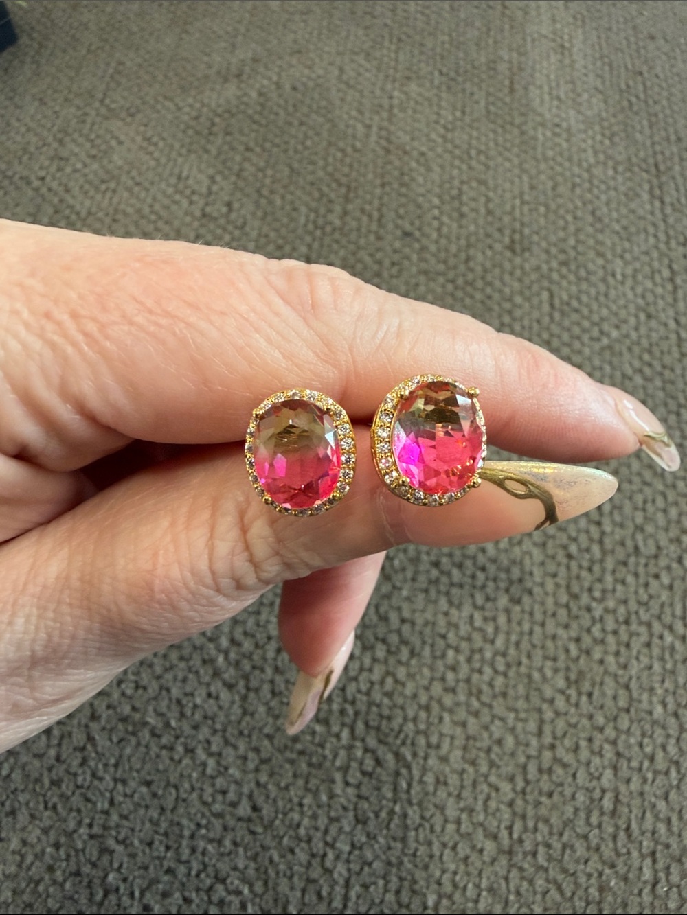Gold Tone Pink Crystal Oval Stud Earrings